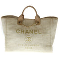 Chanel Deauville MM Canvas Tweed 2-Way Hand Chain Shoulder Tote Gold Beige