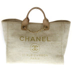 Chanel Deauville MM Canvas Tweed 2-Way Hand Chain Shoulder Tote Gold Beige