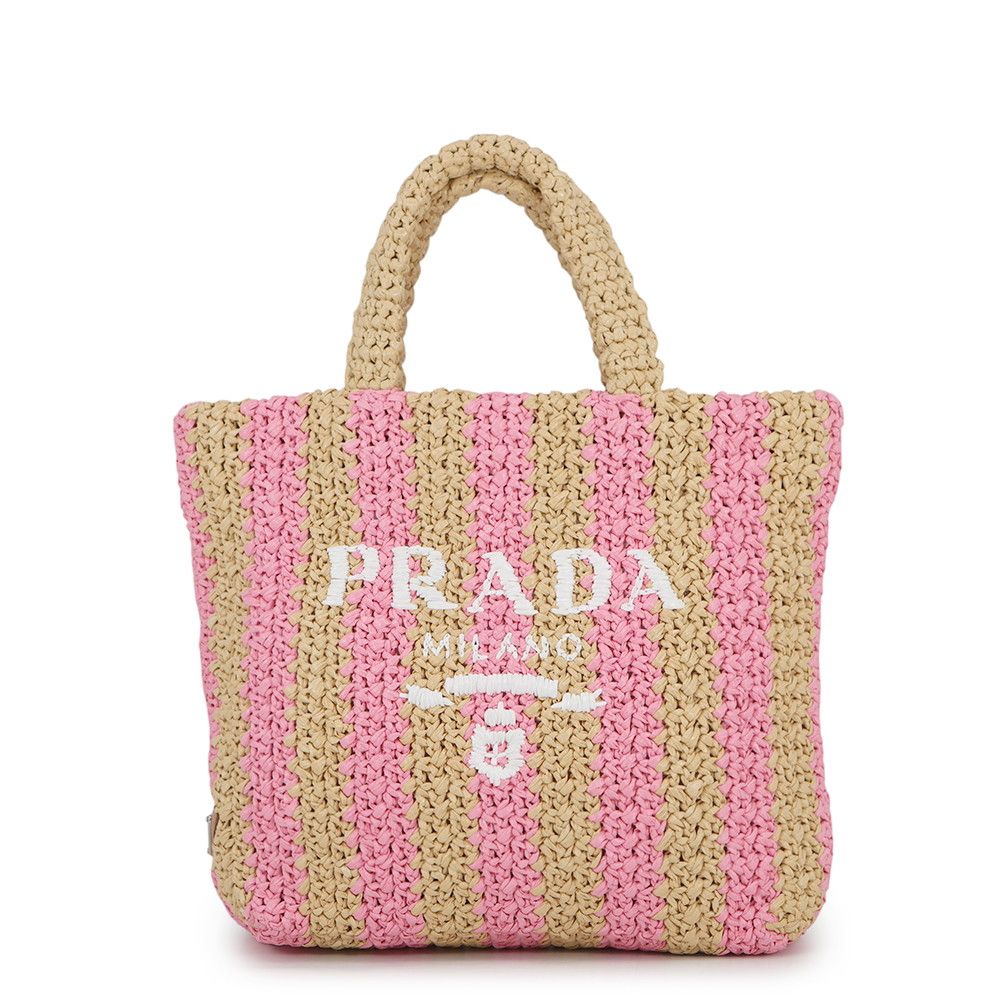 Prada Tote Logo Crochet Small Striped Raffia Handbag