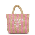 Prada Tote Logo Crochet Small Striped Raffia Handbag