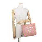 Prada Tote Logo Crochet Small Striped Raffia Handbag — view 4