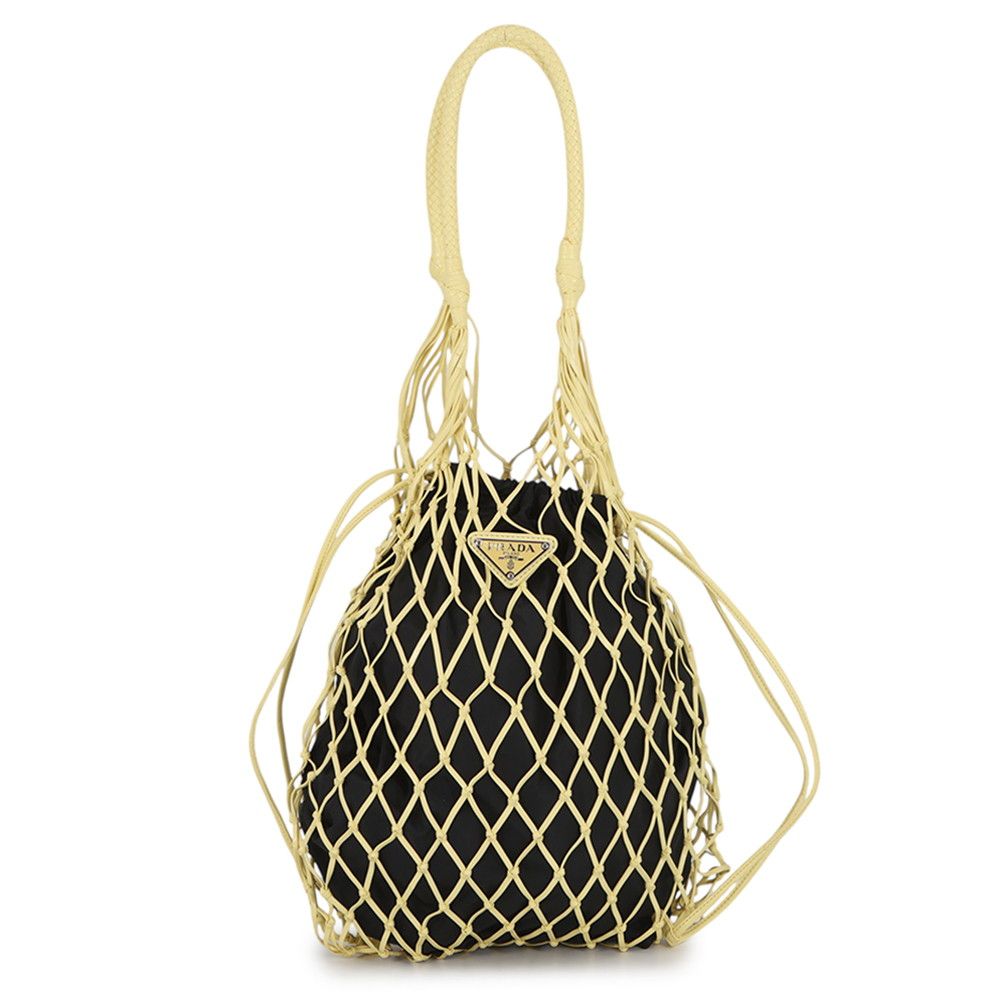 Prada Tote Mesh Triangle Logo Leather Nylon Handbag Black
