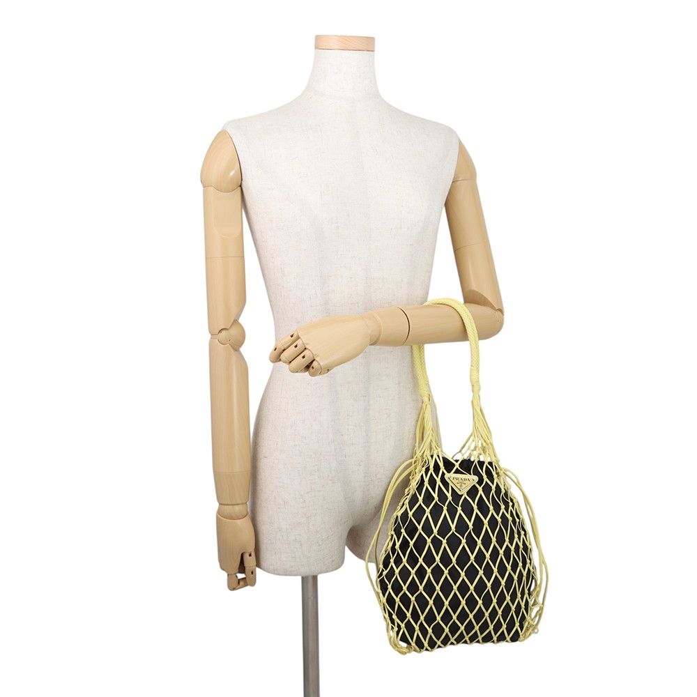 Prada Tote Mesh Triangle Logo Leather Nylon Handbag Black — view 4