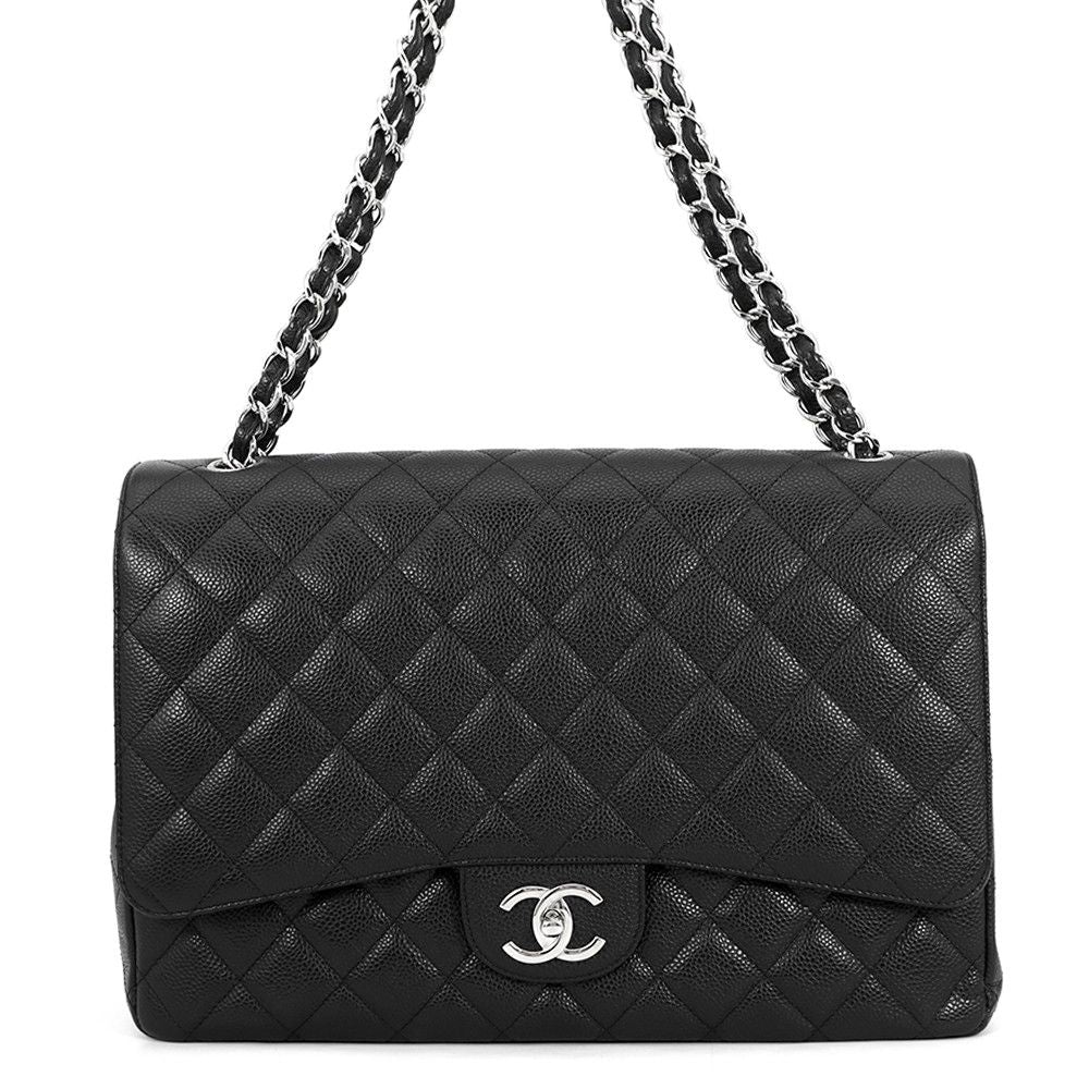Chanel Chain Shoulder Bag Quilted 34 CC Logo Maxi Double Flap Caviar Leather