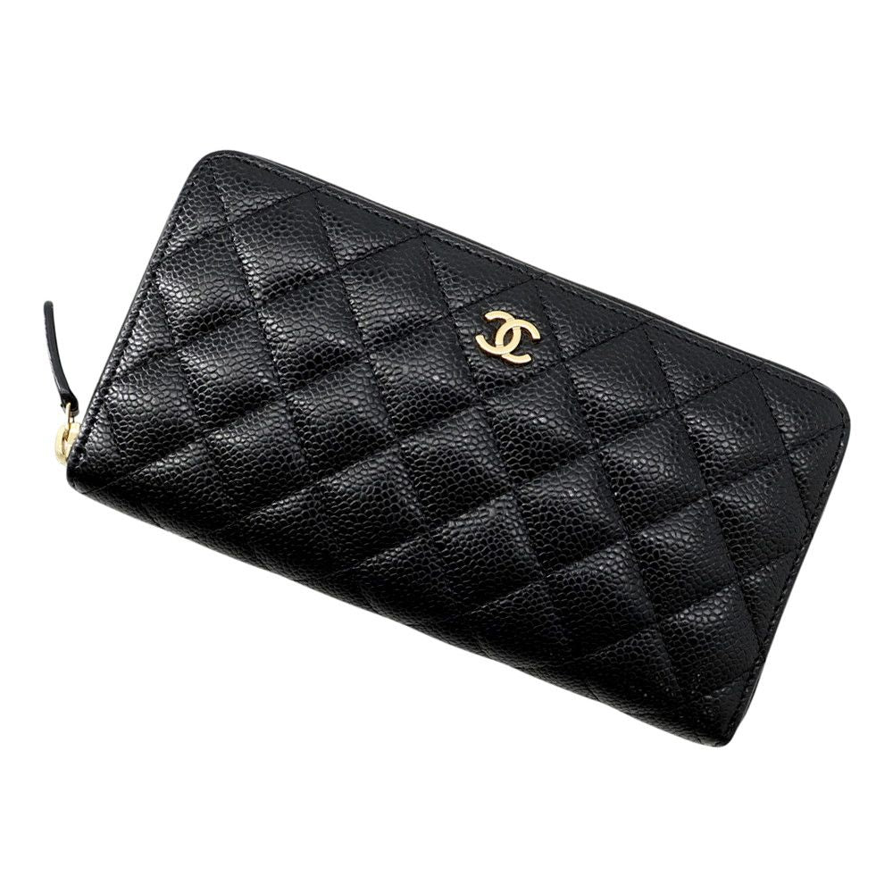 Chanel Wallet Quilted Classic Long Zip CC Logo Caviar Leather Black