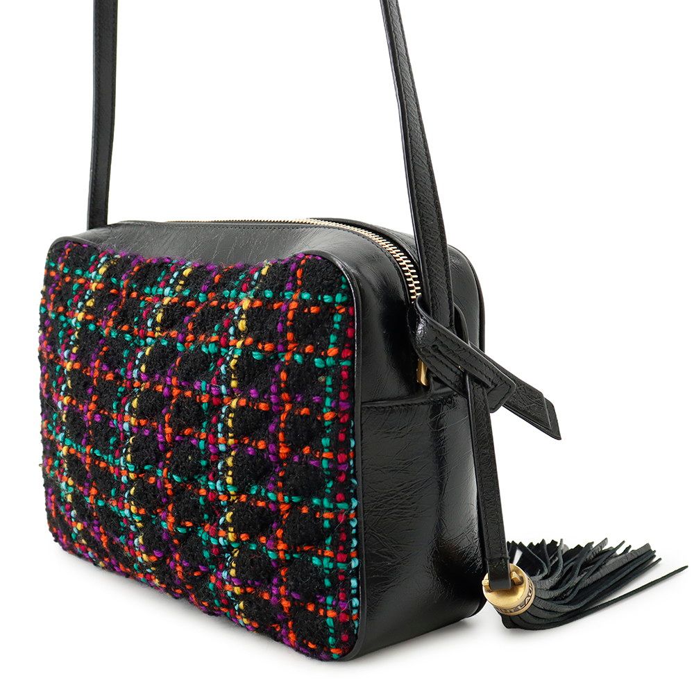 Saint Laurent Paris Shoulder Bag Tweed with Tassel Black — view 2