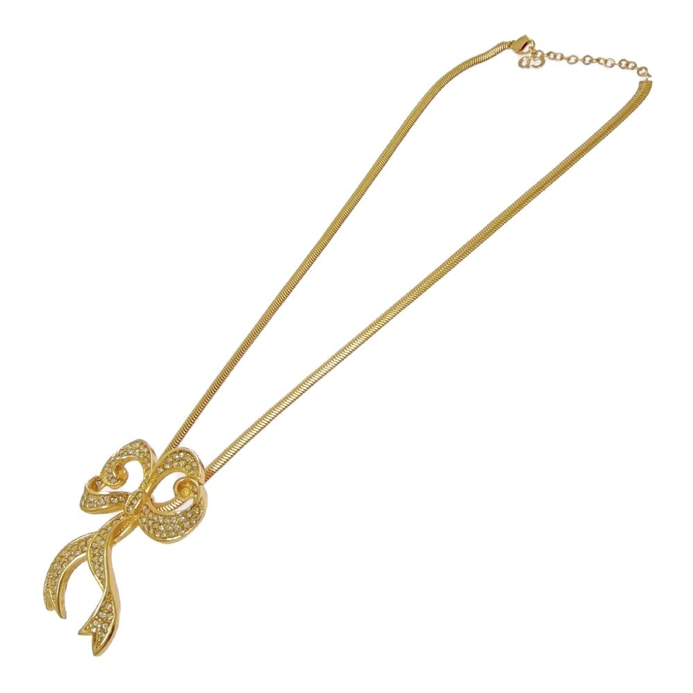 Dior Rhinestone Ribbon Motif Necklace Gold