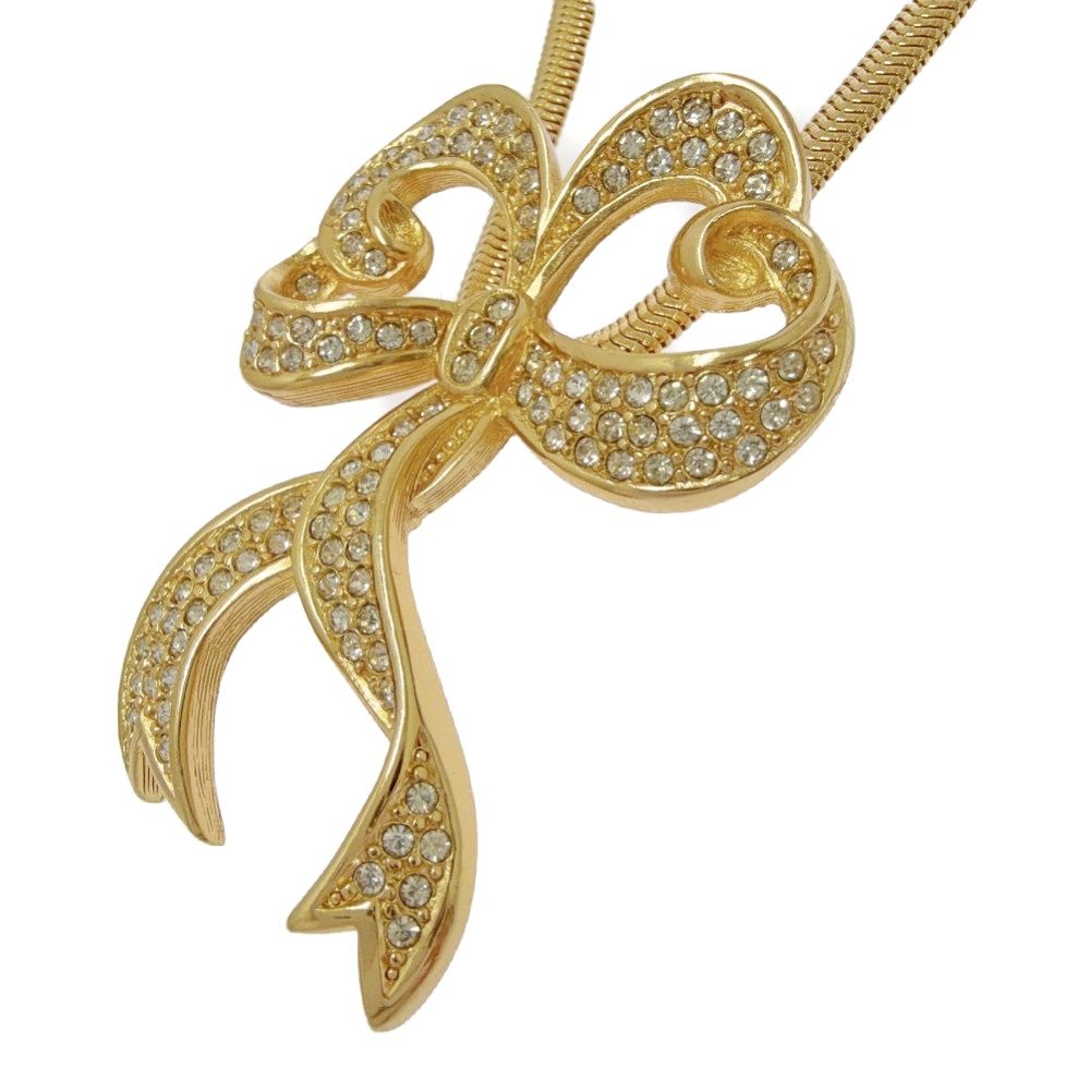 Dior Rhinestone Ribbon Motif Necklace Gold — view 3