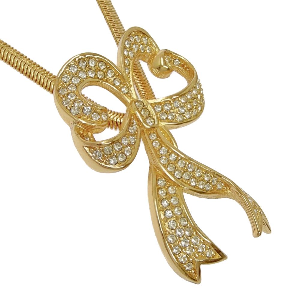 Dior Rhinestone Ribbon Motif Necklace Gold — view 4