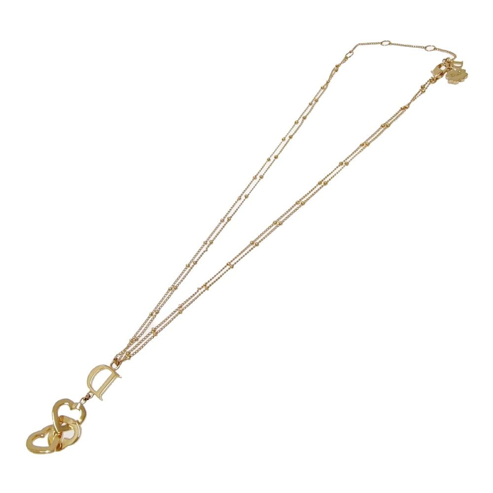 Dior Rhinestone D Logo Heart Double Strand Necklace Gold — view 3