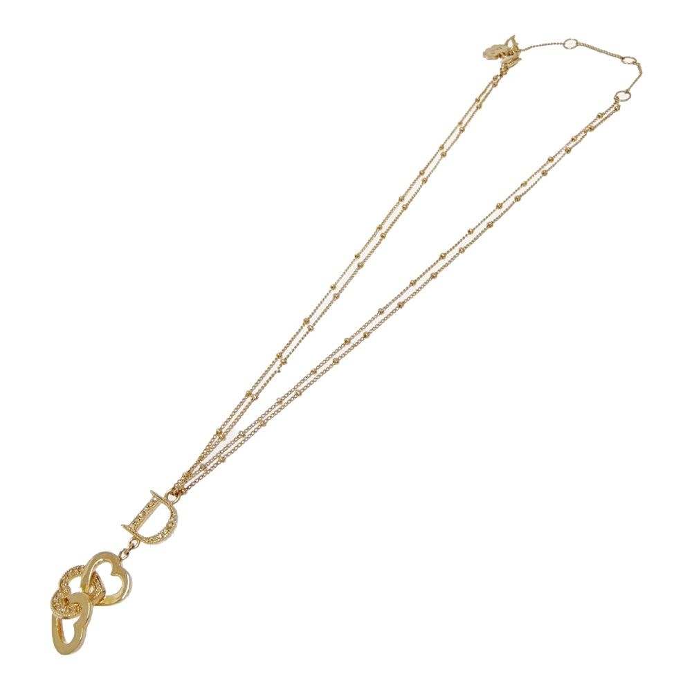Dior Rhinestone D Logo Heart Double Strand Necklace Gold