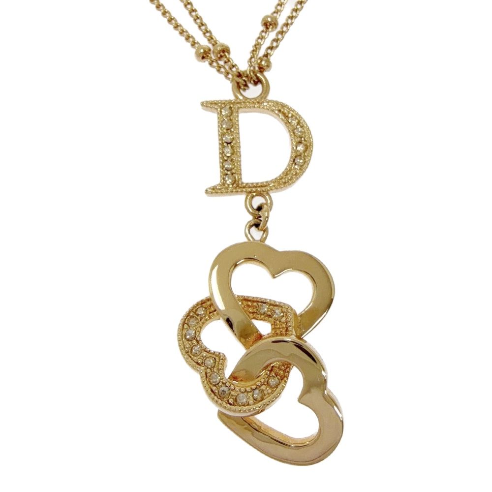 Dior Rhinestone D Logo Heart Double Strand Necklace Gold — view 2