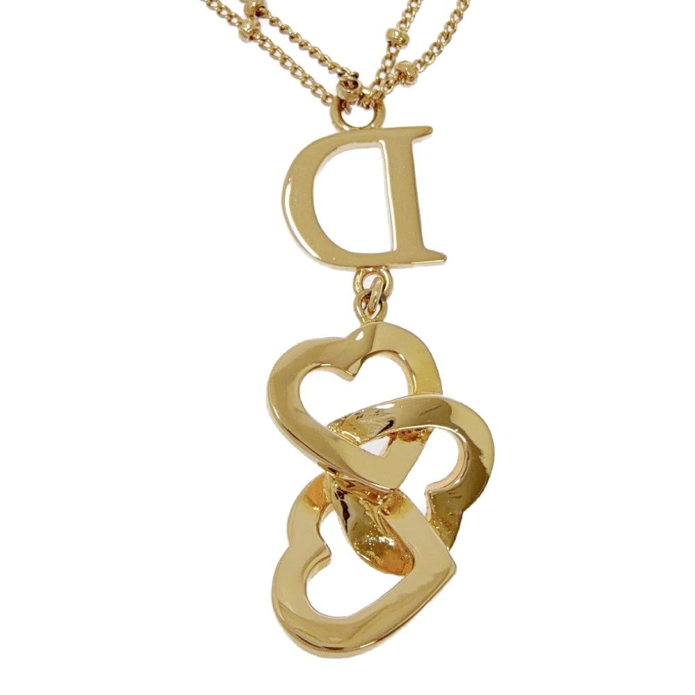 Dior Rhinestone D Logo Heart Double Strand Necklace Gold — view 4