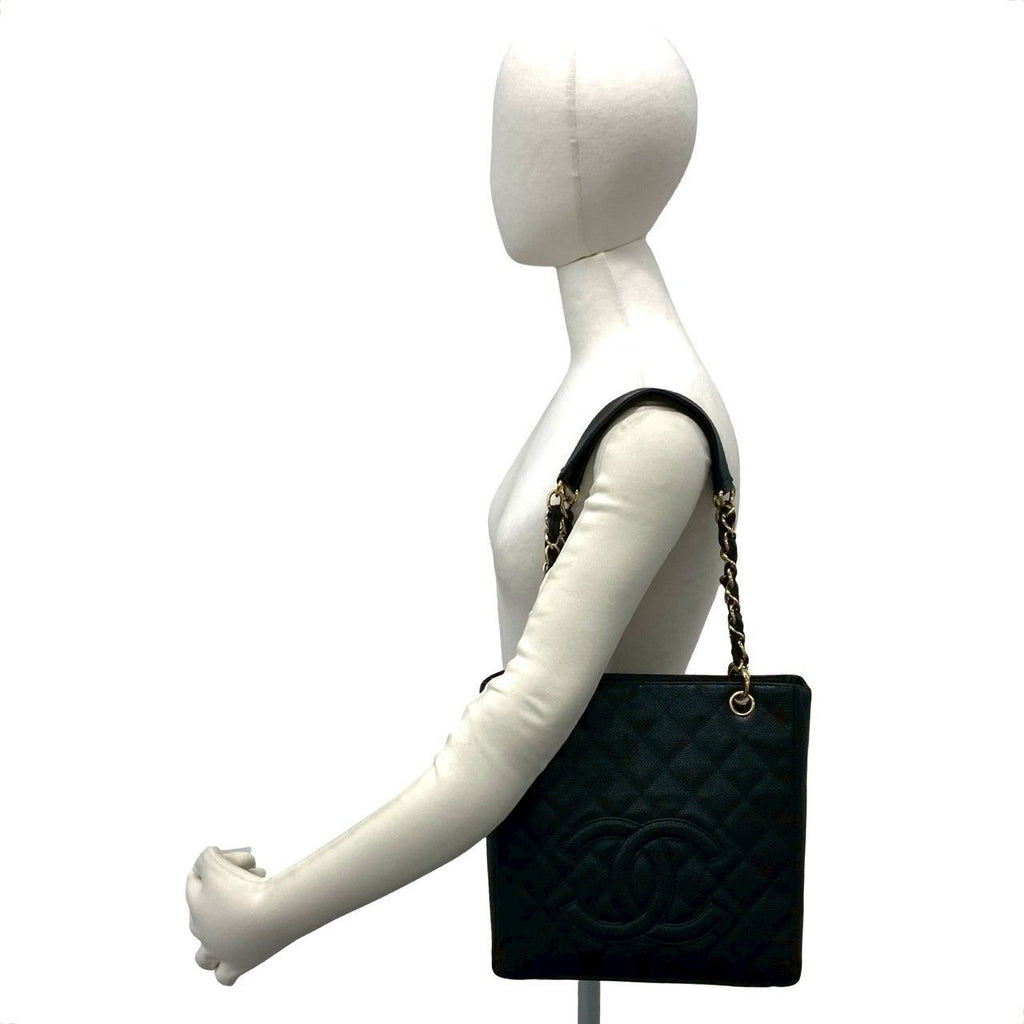 Chanel Box Card with Petite Shopping Tote PST CC Logo Caviar Leather Chain Black — view 2