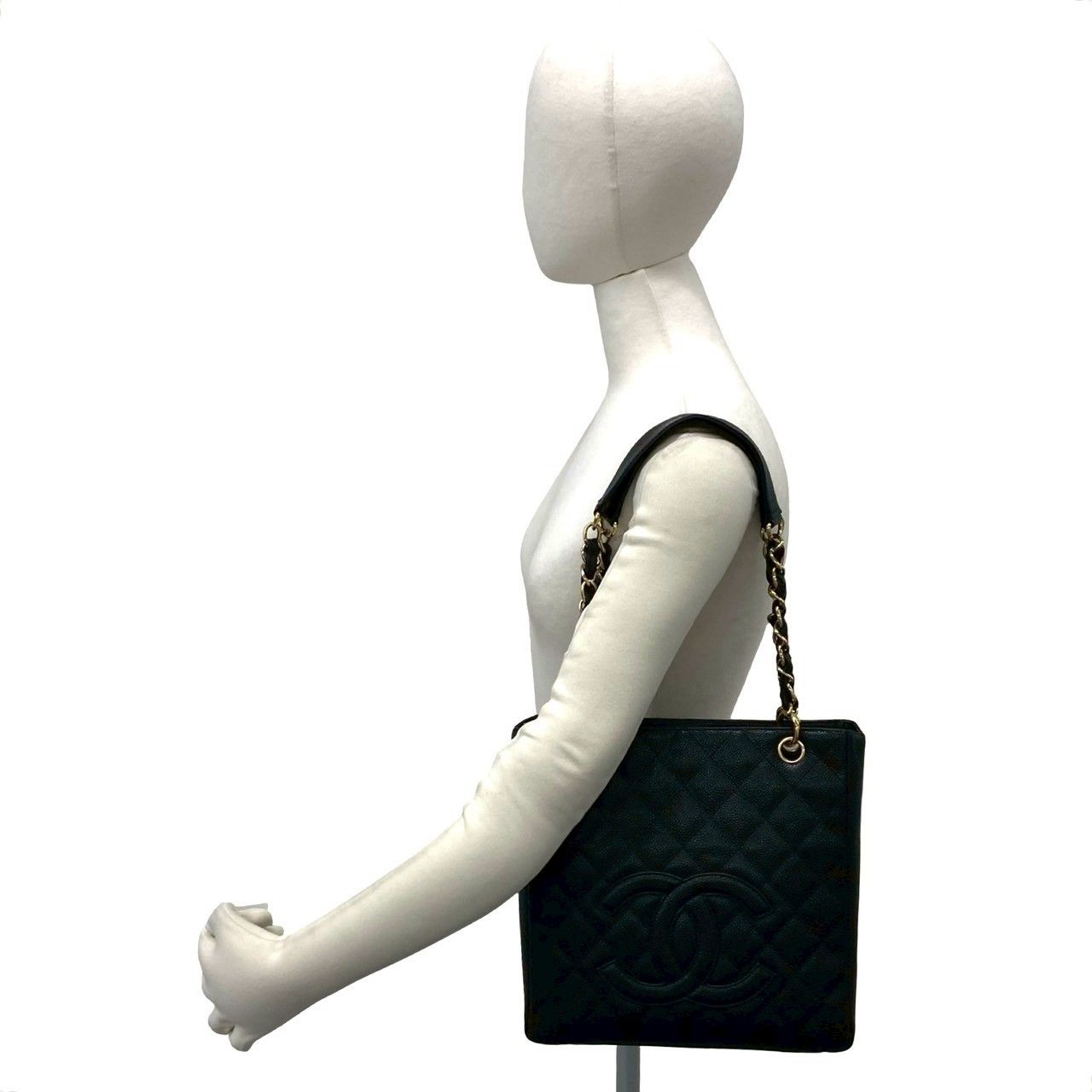 Chanel Box Card with Petite Shopping Tote PST CC Logo Caviar Leather Chain Black — view 2