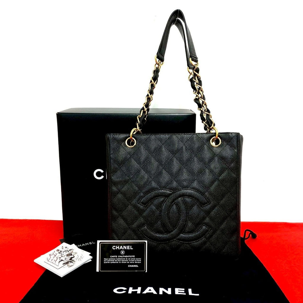 Chanel Box Card with Petite Shopping Tote PST CC Logo Caviar Leather Chain Black