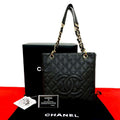 Chanel Box Card with Petite Shopping Tote PST CC Logo Caviar Leather Chain Black