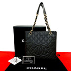 Chanel Box Card with Petite Shopping Tote PST CC Logo Caviar Leather Chain Black