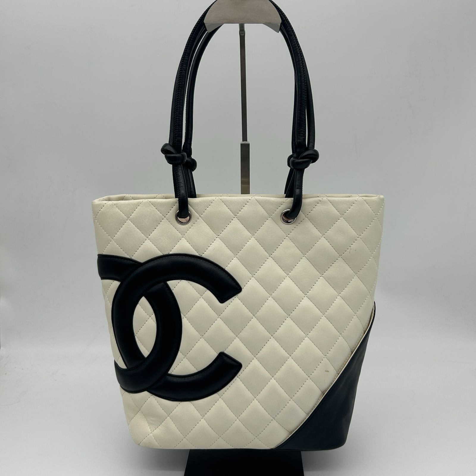 Chanel Cambon Line Tote CC Logo Soft Calf White Black