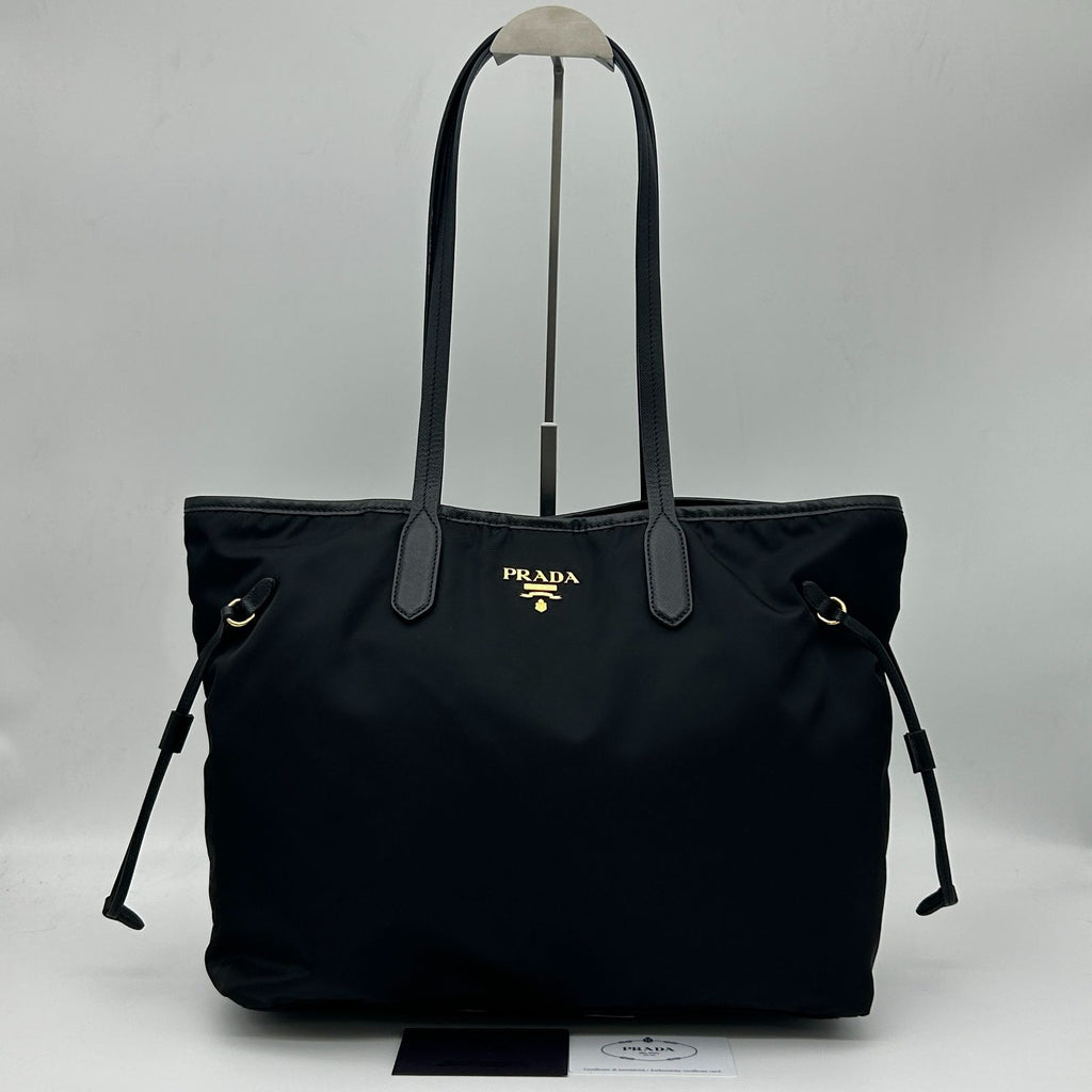 Prada Tote Shoulder Bag Nylon Leather Nero Black Silver