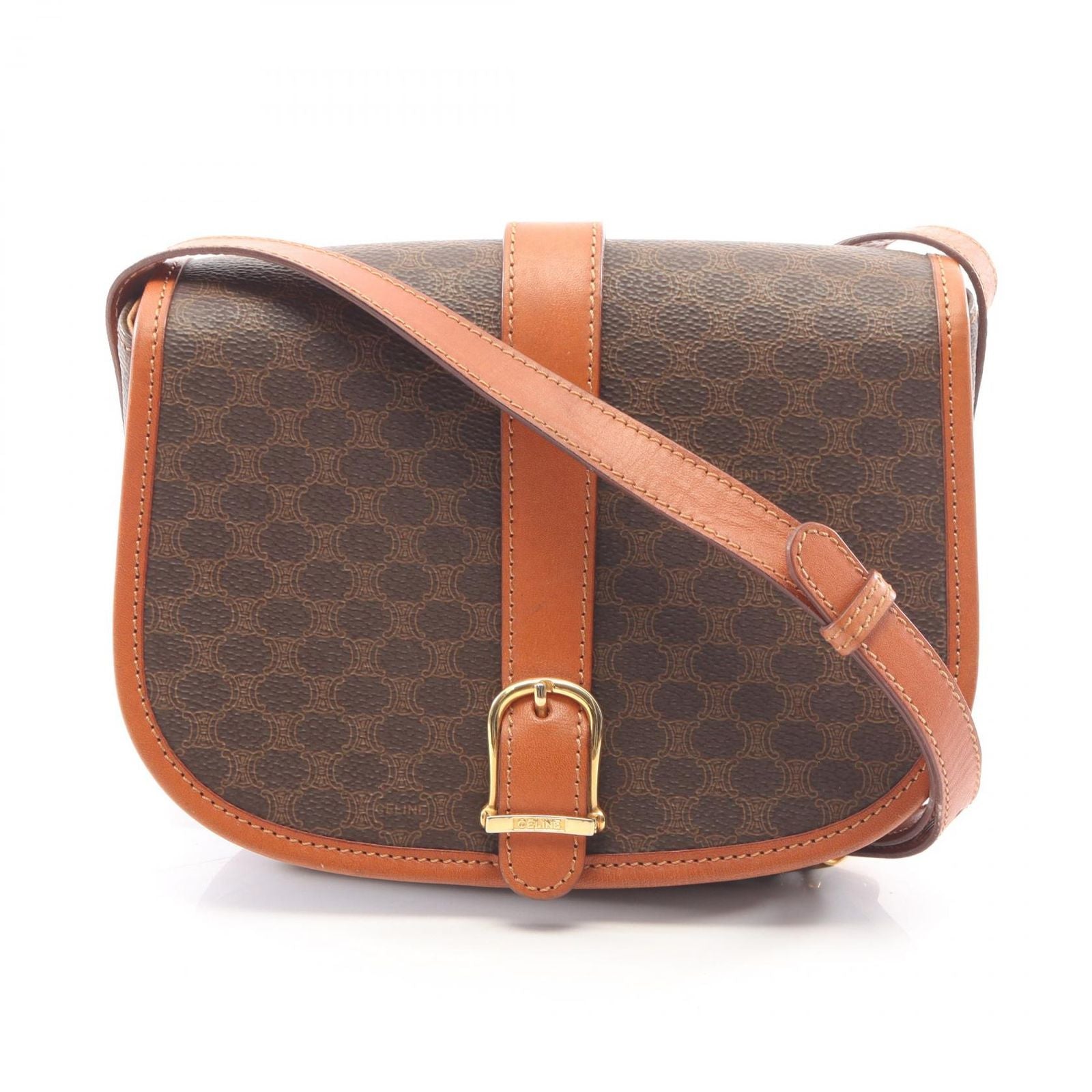Celine Shoulder Bag Macadam Brown Dark Canvas Leather