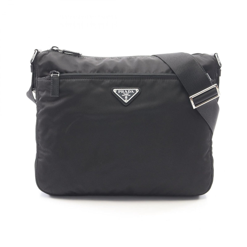 Prada Shoulder Bag Vela Black Nylon Saffiano Leather Triangle Logo
