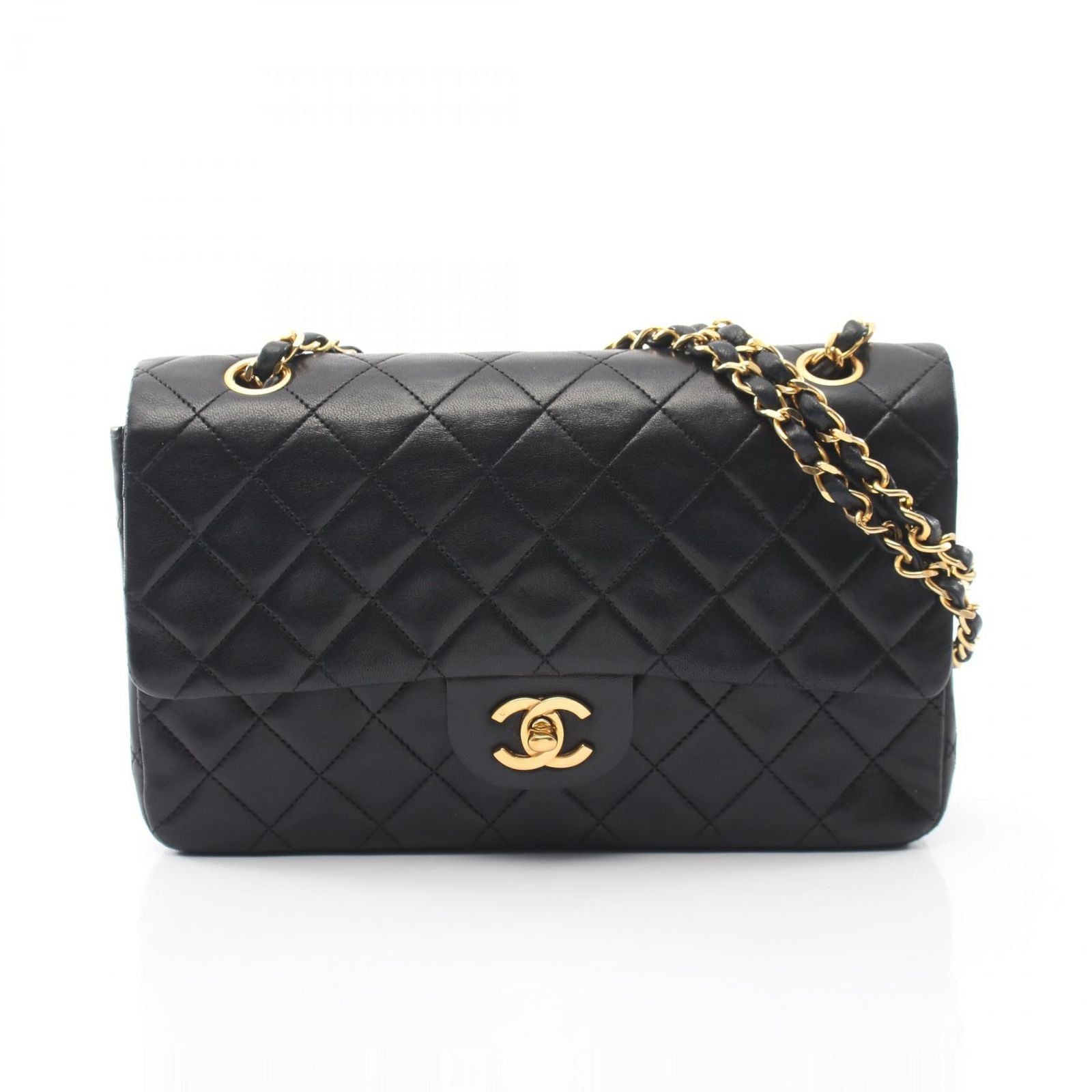 Chanel Shoulder Bag Quilted Double Flap Black Lambskin Chain