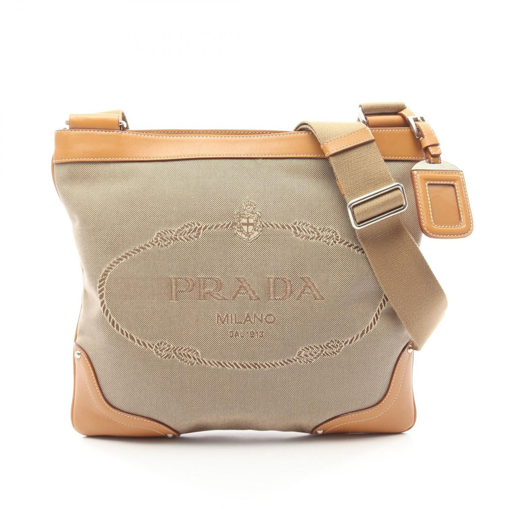 Prada Shoulder Bag Logo Jacquard Beige Canvas Leather