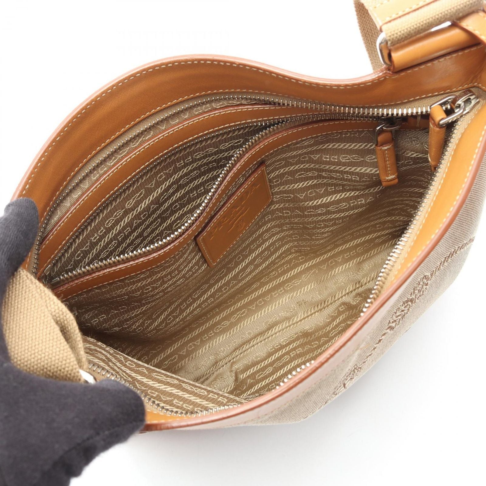 Prada Shoulder Bag Logo Jacquard Beige Canvas Leather — view 3