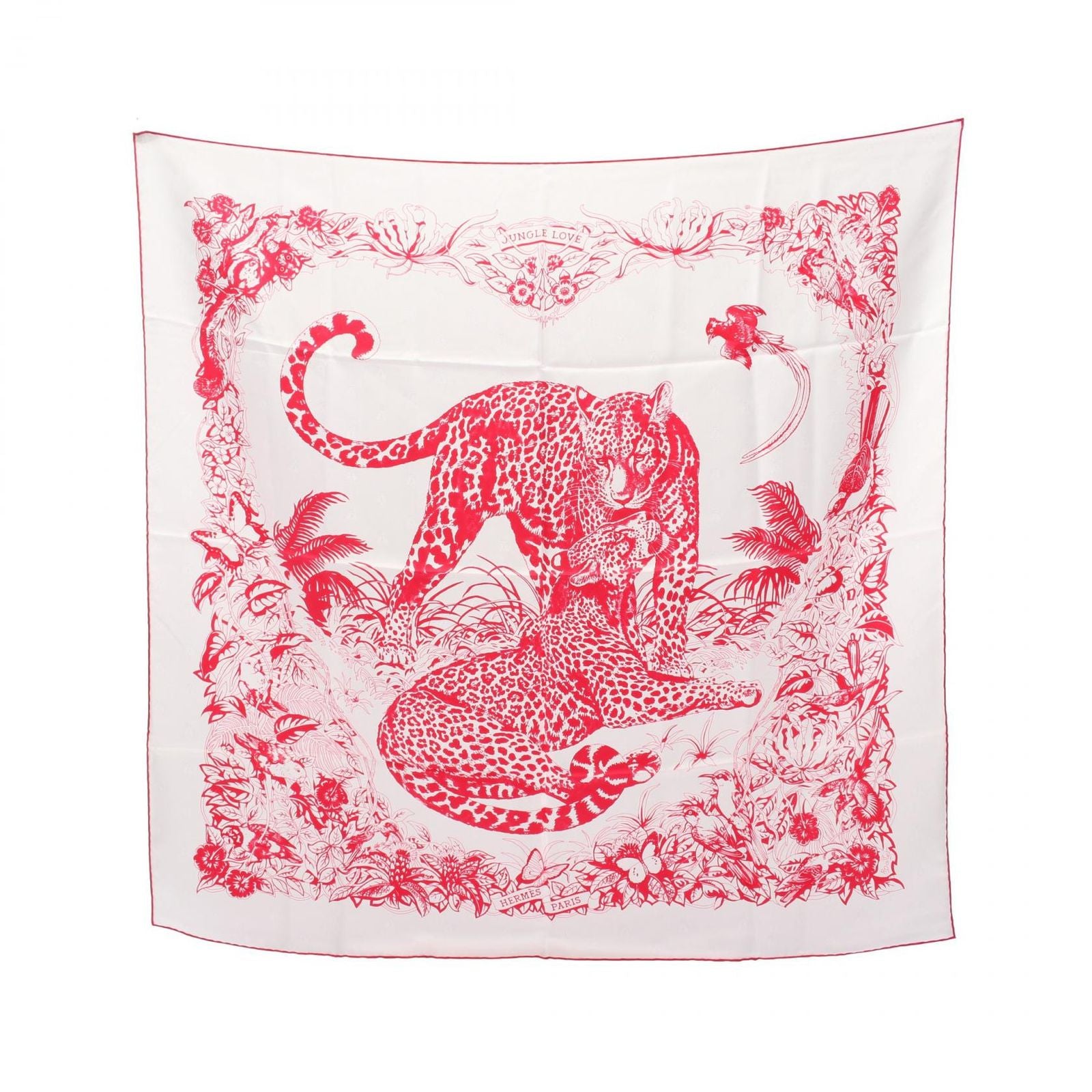 Hermes Scarf Carre 90 Tatouage Jungle Love White Pink Silk