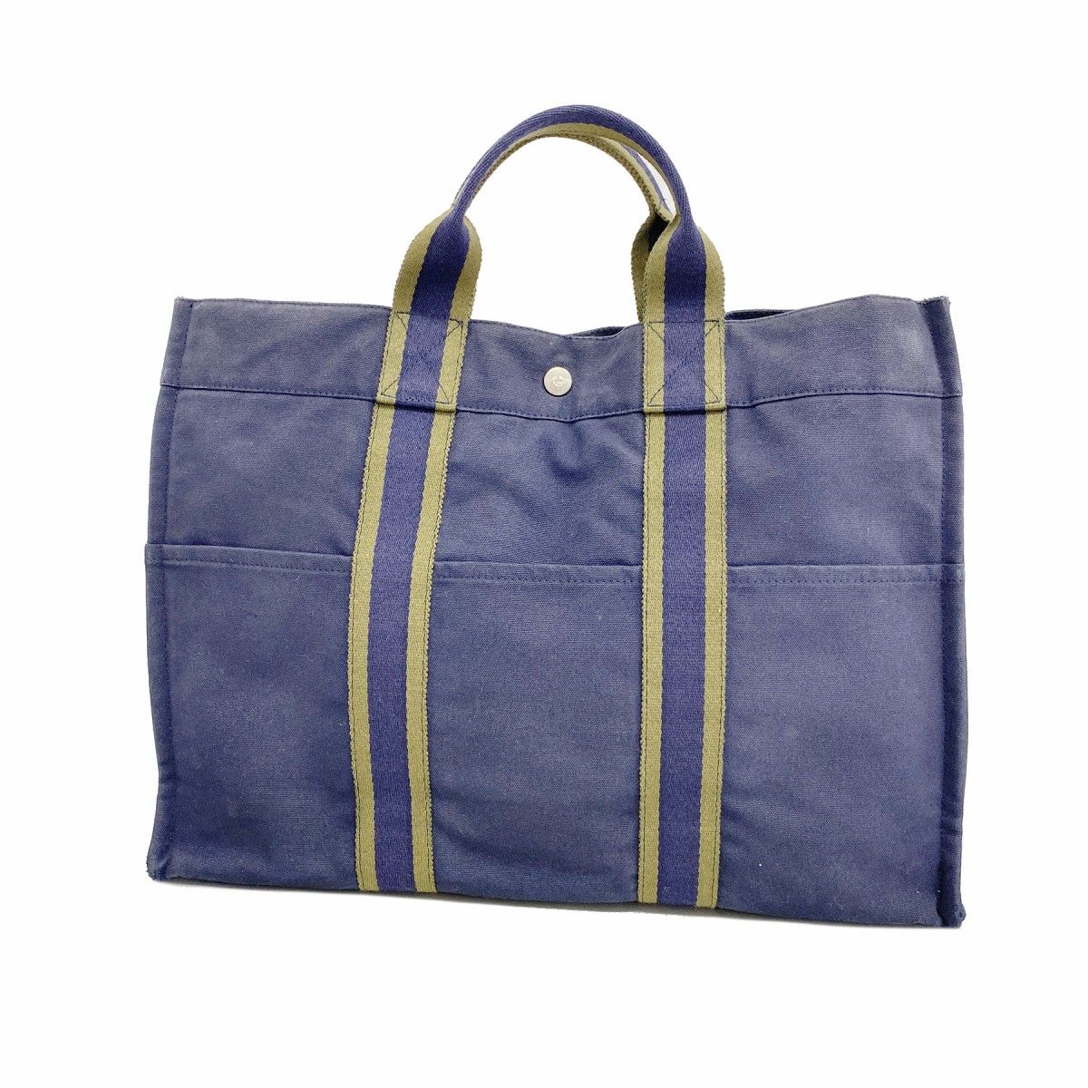 Hermes Tote Fourre Tout MM Canvas Navy Khaki Silver