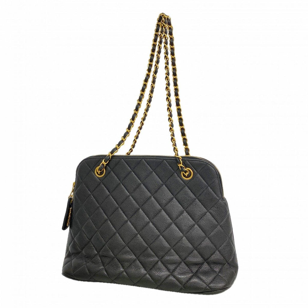 Chanel Shoulder Bag Quilted Caviar Leather Black Gold