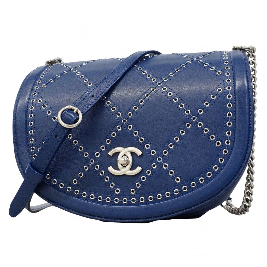 Chanel Shoulder Bag Coco Eyelet Leather Blue Silver