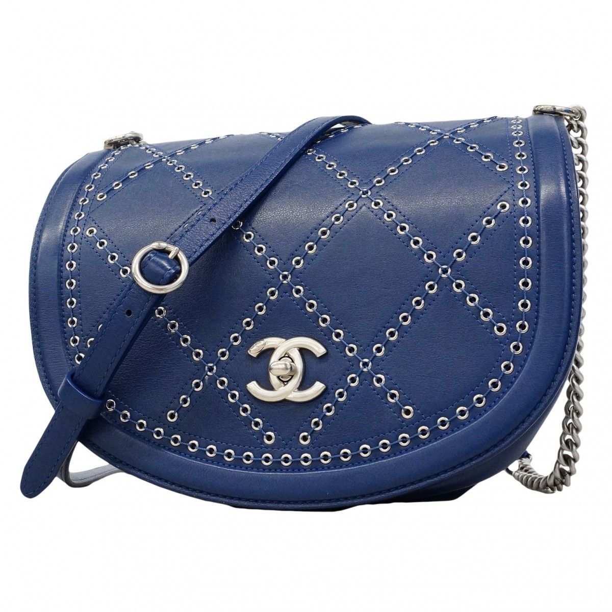 Chanel Shoulder Bag Coco Eyelet Leather Blue Silver