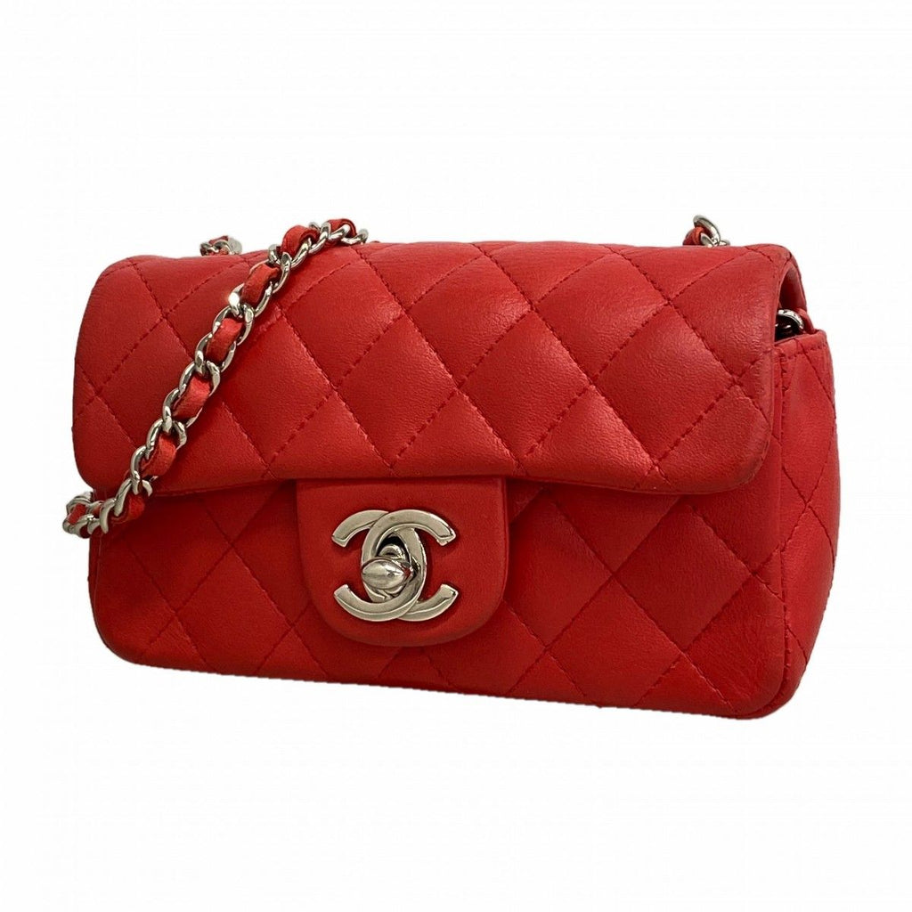 Chanel Shoulder Bag Mini Quilted Lambskin Red Silver