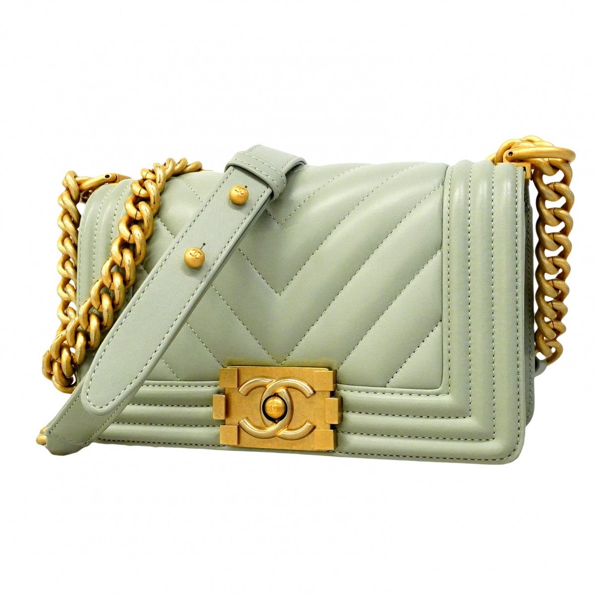 Chanel Shoulder Bag Boy Stitch Lambskin Light Green Gold