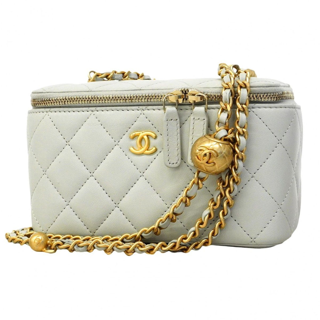 Chanel Vanity Bag Quilted Lambskin Light Gray Champagne Gold 2-Way