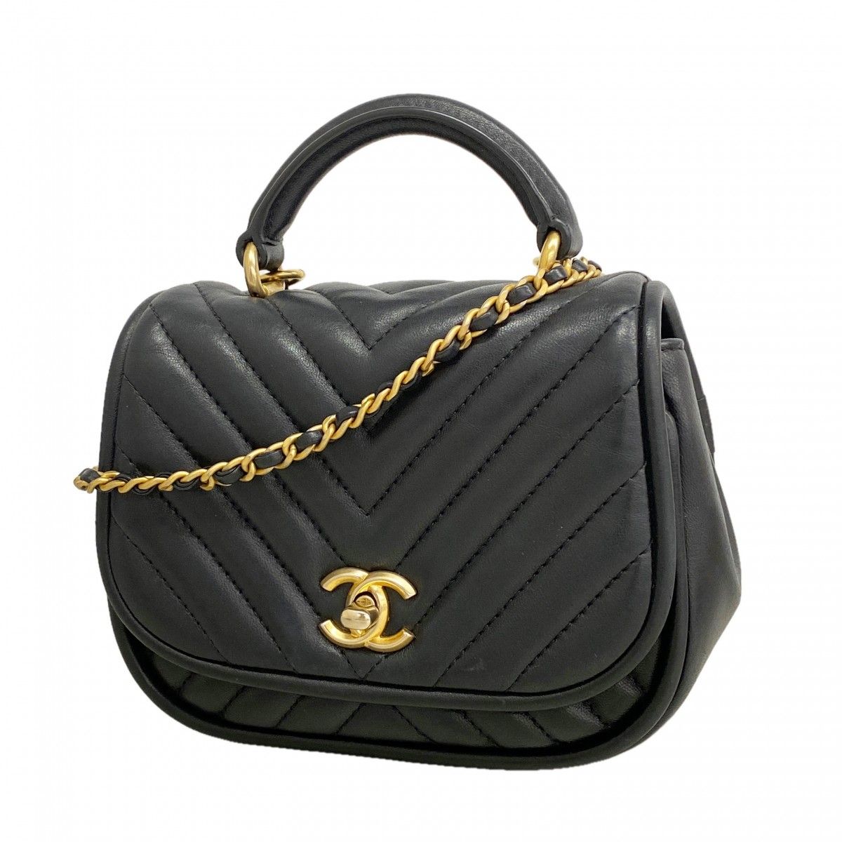Chanel Pochette Stitch Lambskin Black Gold Handbag