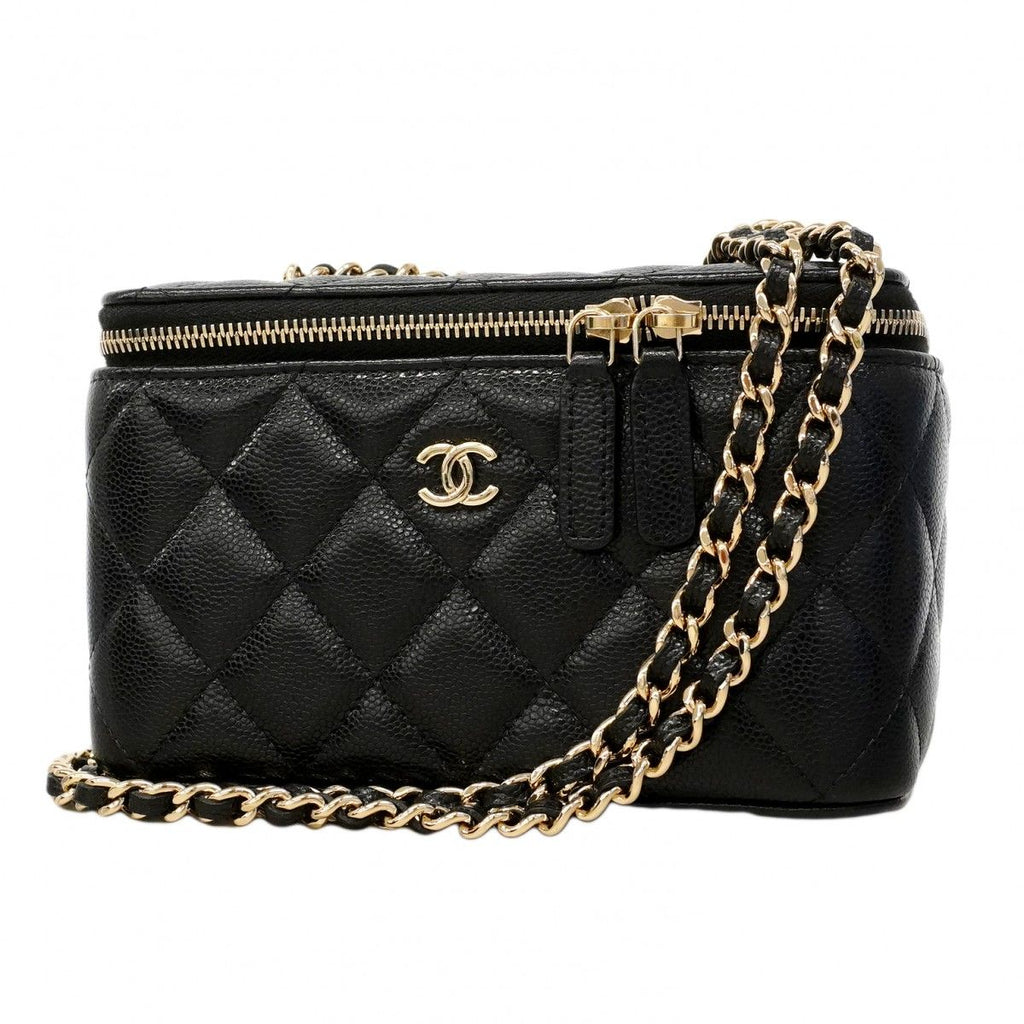 Chanel Vanity Bag Quilted Caviar Leather Black Champagne Gold