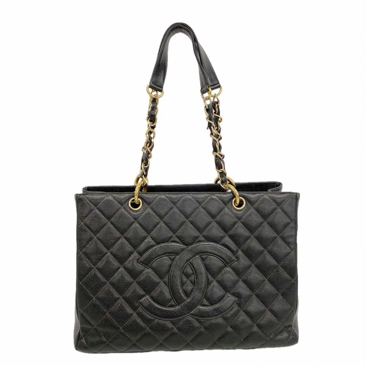 Chanel Chain Tote Quilted Caviar Leather Black Gold