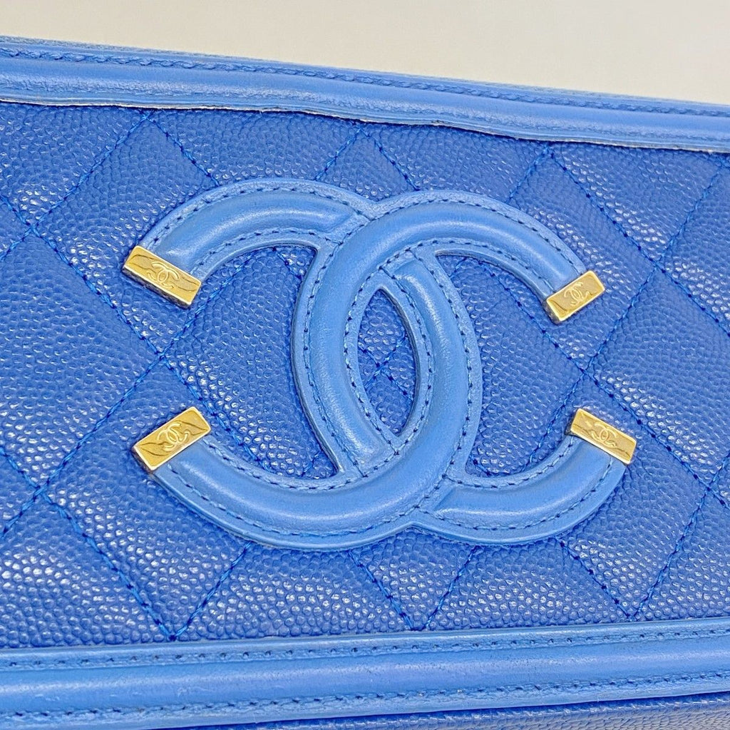 Chanel Pochette CC Filigree Caviar Leather Blue Champagne Gold Handbag — view 9