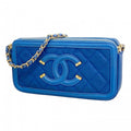 Chanel Pochette CC Filigree Caviar Leather Blue Champagne Gold Handbag
