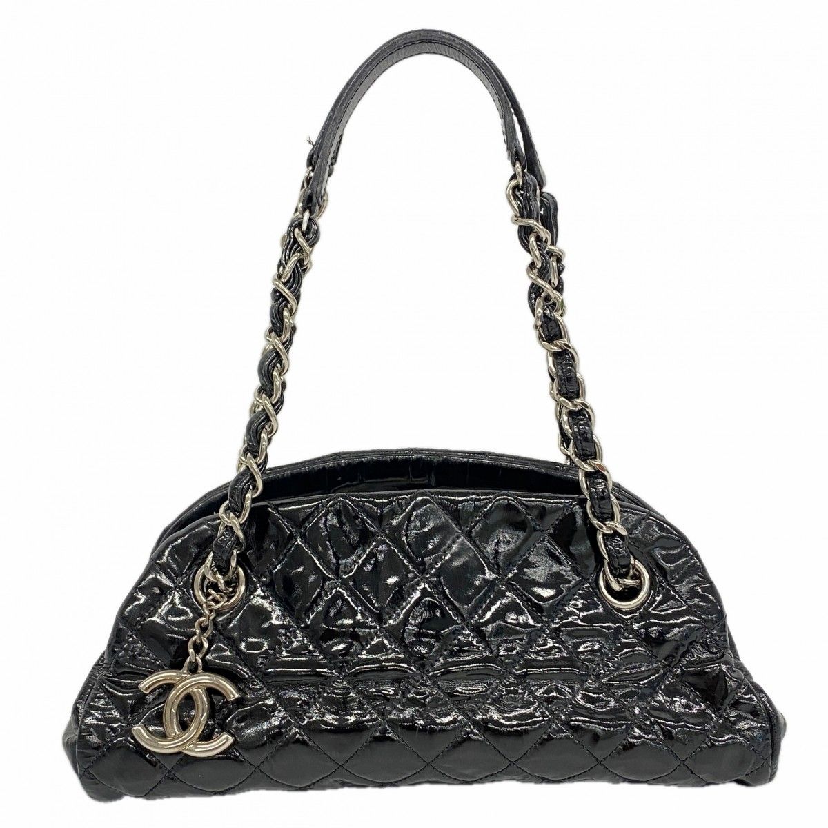 Chanel Shoulder Bag Mademoiselle Patent Leather Black Silver