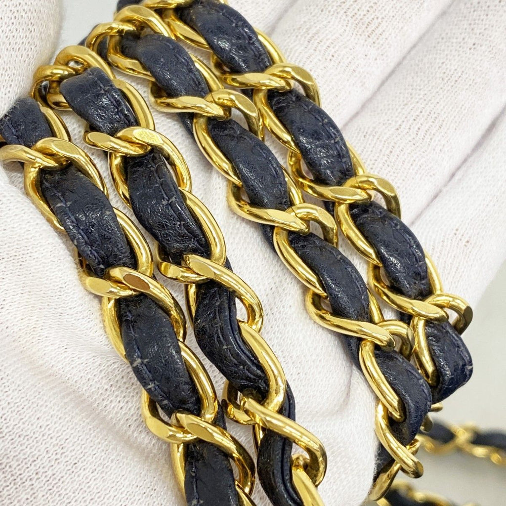 Chanel Shoulder Bag Quilted Caviar Leather Navy Gold — view 9