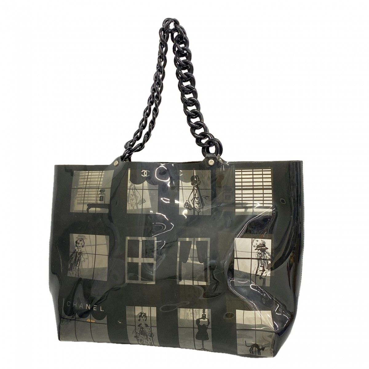 Chanel Chain Tote Windows Line Vinyl Black Clear Silver