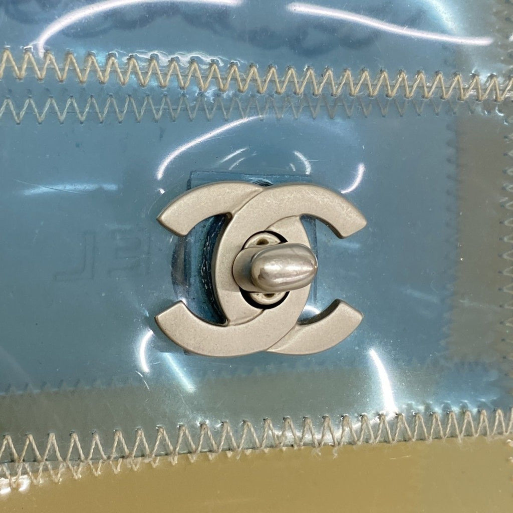 Chanel Shoulder Bag Chocolate Bar Vinyl Beige Blue Silver — view 9