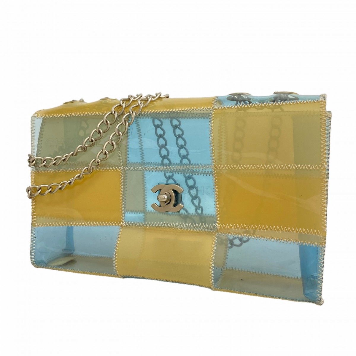 Chanel Shoulder Bag Chocolate Bar Vinyl Beige Blue Silver