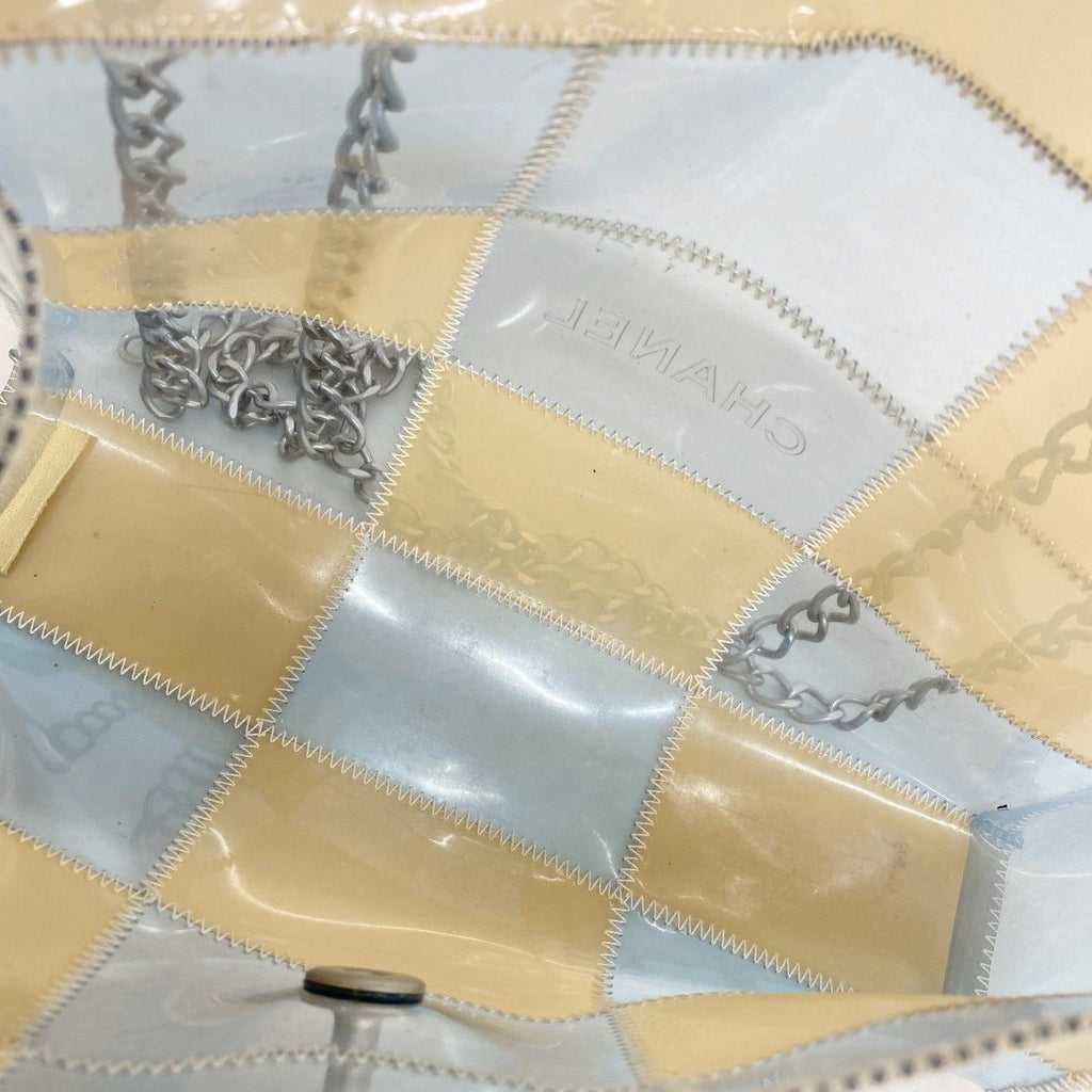 Chanel Shoulder Bag Chocolate Bar Vinyl Beige Blue Silver — view 4