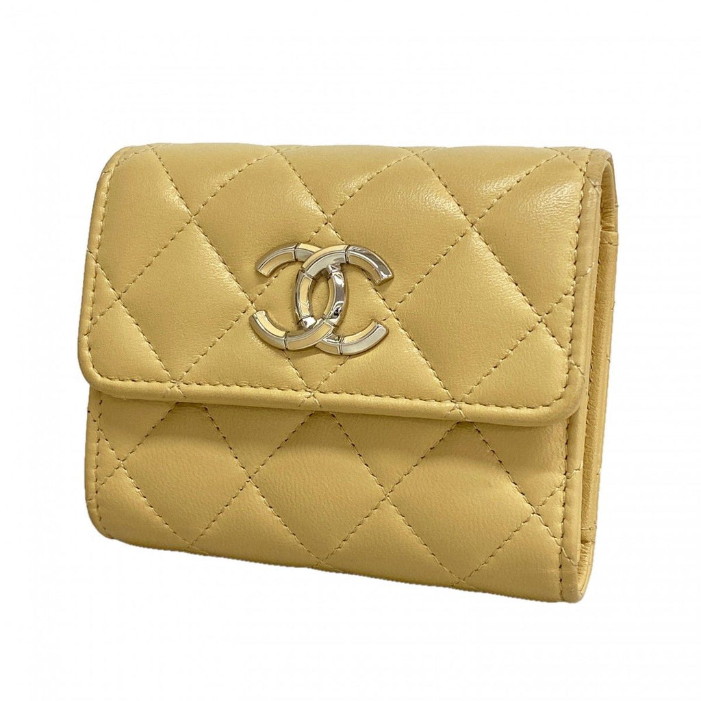 Chanel Trifold Wallet Quilted Lambskin Beige Silver