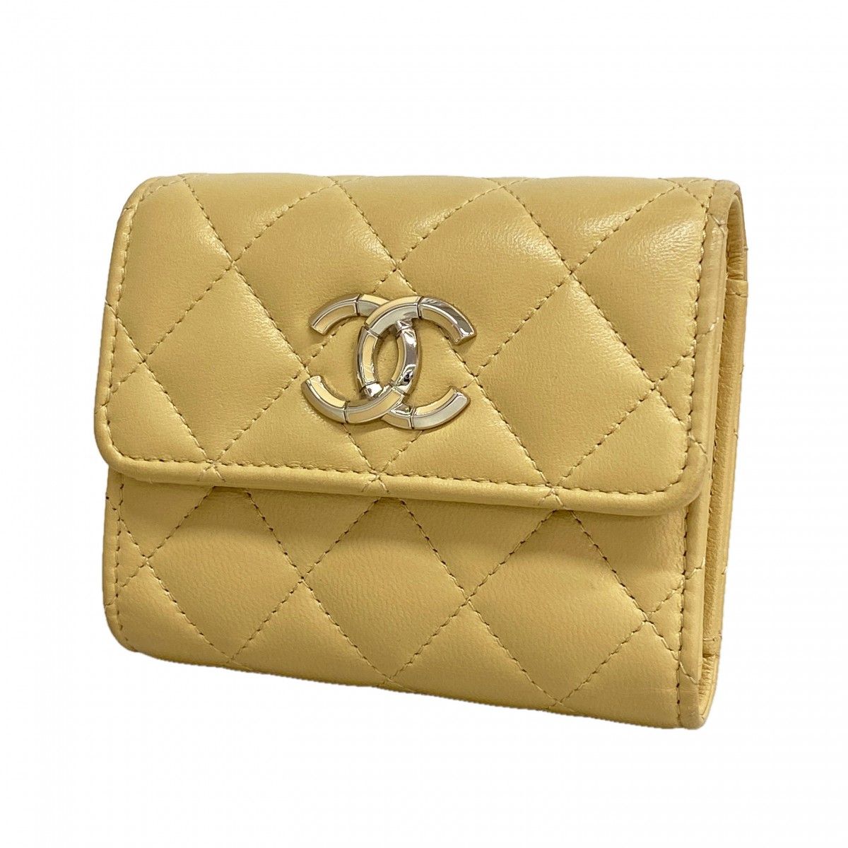 Chanel Trifold Wallet Quilted Lambskin Beige Silver